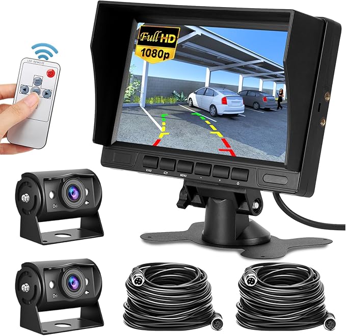 Hikity 7'' Backup Camera Monitor Kit, Dual RV Reverse Camera System for Trucks/SUV/Bus/Pickup, Plug & Play, 1080P HD, Night Vision, Wide Angle, IP69 Waterproof Rear View Camera, (49.2ft Video Cable)