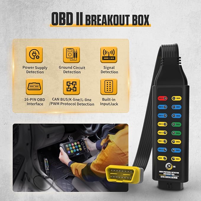 Obd2 Breakout Box, Automotive OBDII Protocol Detector 16-Pin CAN Diagnostic Tool for Communication/Power/Ground Detection with Universal Wire Jumper and Clips