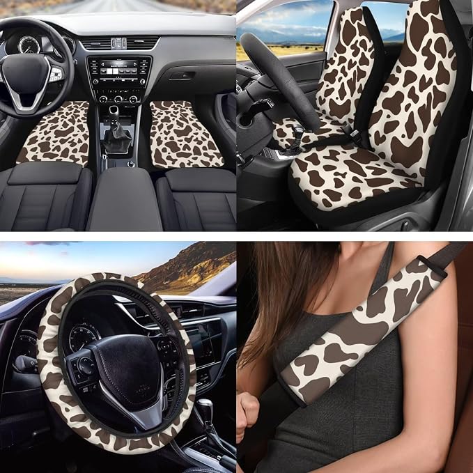 Brown Cow Print Car Seat Covers Car Floor Mats Steering Wheel Cover Armrest Pad Covers Seat Belt Pads Handle Wraps Cup Coaster Keychain Automotive Interior Accessories 18 Pcs Set