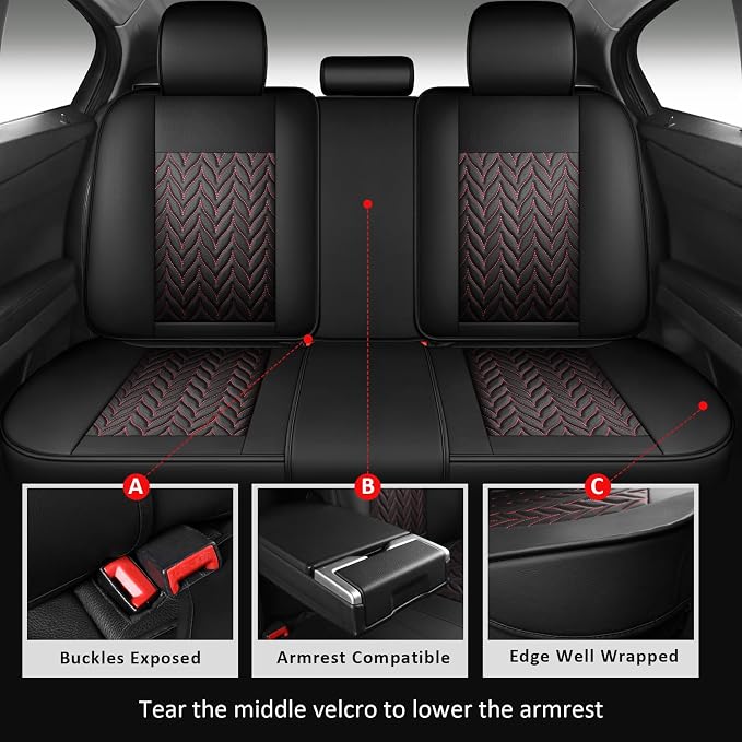MIROZO F150 Seat Covers Full Set,Leather Truck Seat Covers Waterproof Car Seat Covers Fits for 2015-2026 Ford F-150 and 2017-2026 F-250 F-350,Easy to Install Cover Set (Black and Red,Full Set)