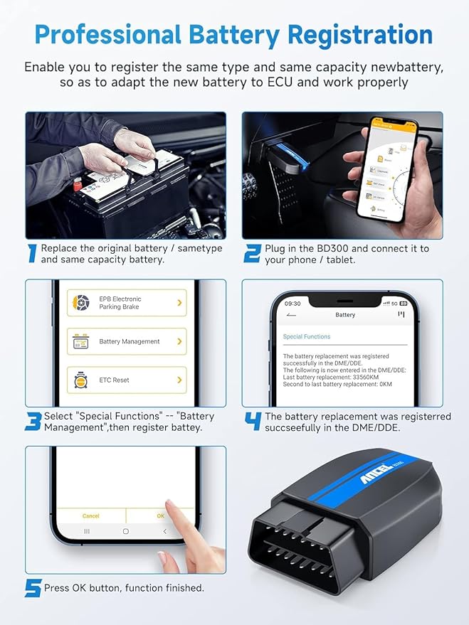 ANCEL BD300 BMW Bluetooth OBD2 Scanner, Full System Code Reader and Diagnostic Tool for BMW with Battery Registration Service Reset EPB CBS ETC ABS Airbag & Powerful OBD2 Functions
