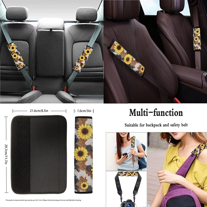 Suobstales Sunflower Cow Print Car Seat Covers Full Set for Women Men Seat Cover Protector Auto Decorative with Steering Wheel Cover + Seat Belt Covers + Coasters + Keychains