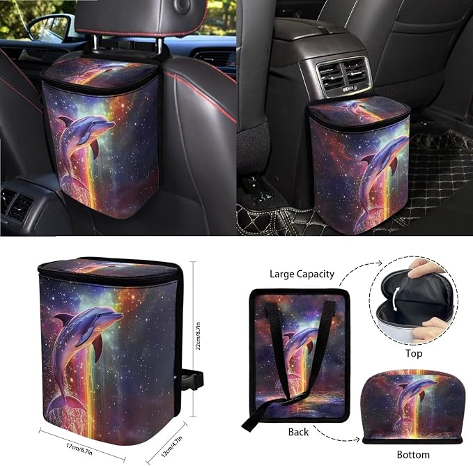 Dolphin Sea Galaxy Print 15 PCS Auto Interior Sets with Front and Rear Seat Covers, Steering Wheel Cover, Seat Strap Pads, Trash Can, Coasters Keychain and Air Vent Storage Bag