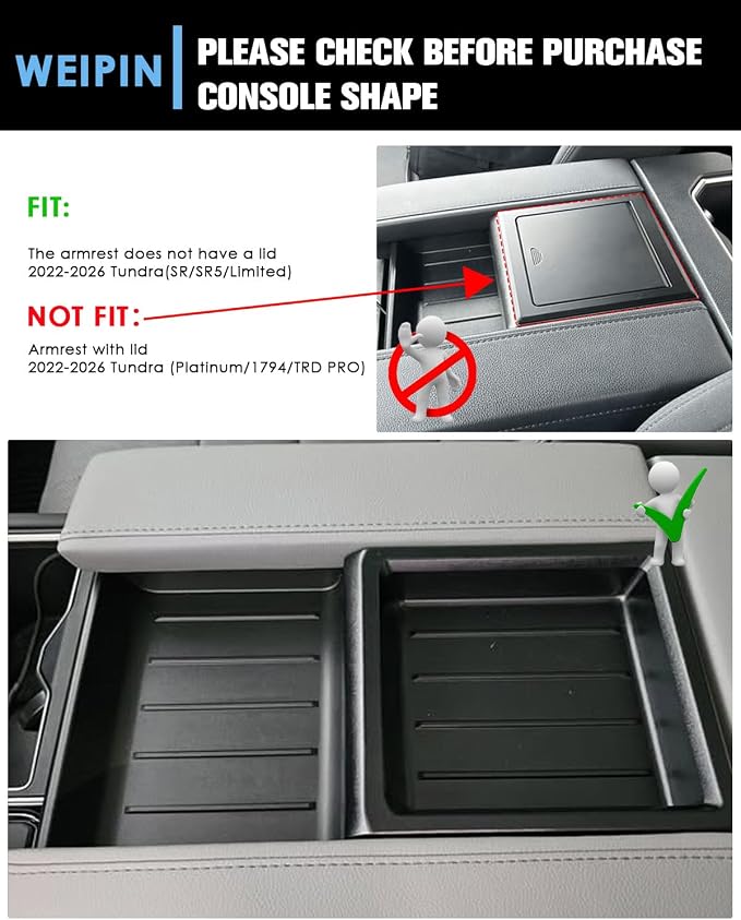 for 2022~2026 Tundra (SR/SR5/Limited) 2-in-1 Silicone Center Console Armrest Cover& Armrest Hidden Privacy Tray - [OEM Design& Friendly Liquid Silicone Rubber] - Thin Black