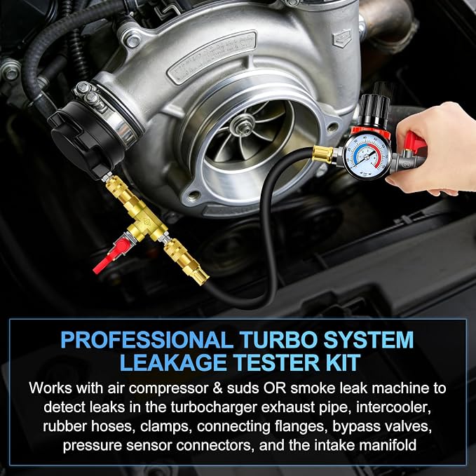 Turbo Boost System Leak Tester 15PCS Kit Test Turbocharger Intercooler Pipe | Turbine Leakage Detector with 0-6Bar Gauge, 6 Pairs Stepped Adapters (46mm to 100mm Quick-Connect Inlet & Sealed Outlet Plug)