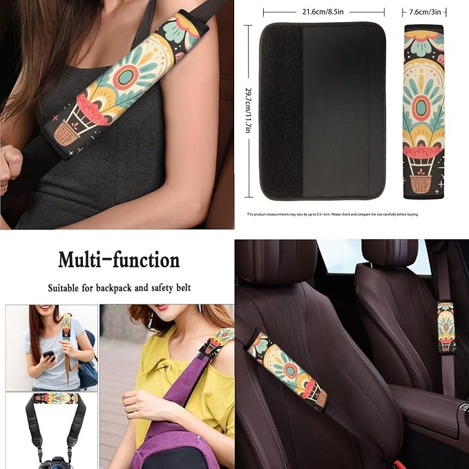 Air Balloon 13 Pcs Car Seat Covers Full Set, Floral Hot Air Balloon Auto Front and Rear Bench Seat Protector, Fork Art Steering Wheel Sleeve Auto Armrest Cover