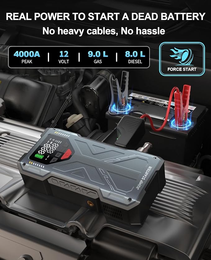 Upgraded Car Battery Jump Starter, High Power 4000A Jump Box with Air Compressor, 12V Portable Car Battery Charger & 150PSI Tire Inflator, Emergency Kit with Smart Jumper Cables(9.0L Gas/8.0L Diesel)