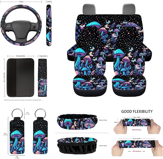 Blue Mushrooms Car Seat Covers Universal Fit 14Pcs Butterfly Mushroom Cottagecore Car Accessories Protection with Steering Wheel Cover Keychain Coasters