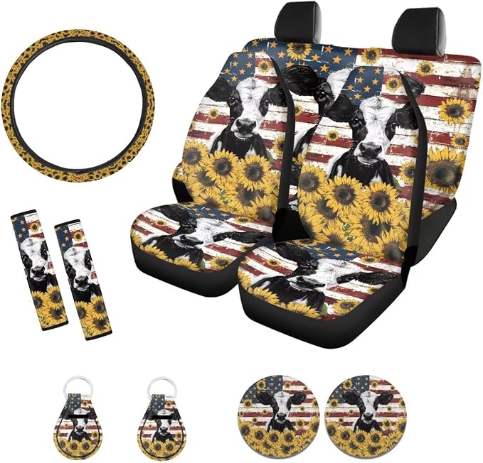 Xoenoiee Cow American Flag Sunflower Print Front Rear Seat Cover for Car SUV Interior Accessories Set with Steering Wheel Cover, Seat Belt Cover, Auto Coasters, Key Chains, 11 Pcs