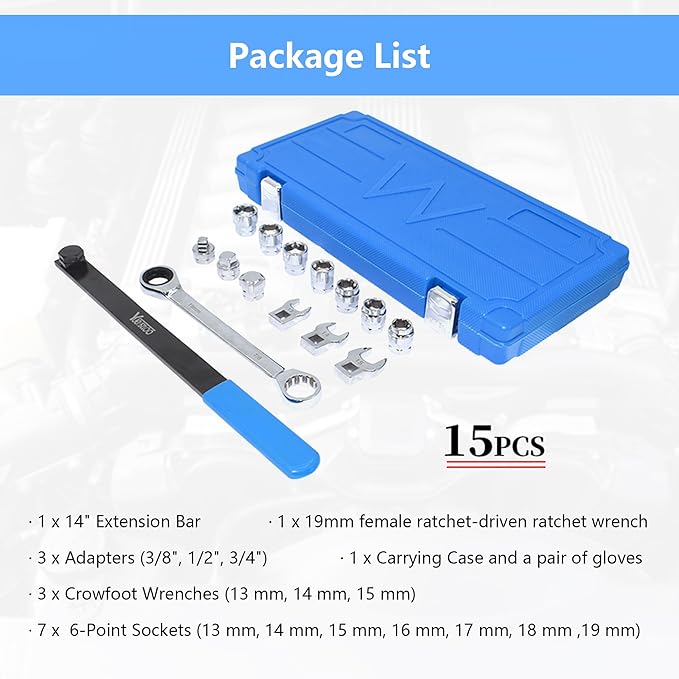 15pcs Universal Ratcheting Serpentine Belt Tool Set, Serpentine Belt Removal Installation Tensioner Kit with Ratcheting Wrench, Crowfoot Wrenches, Socket Adapters, 6-Point Sockets