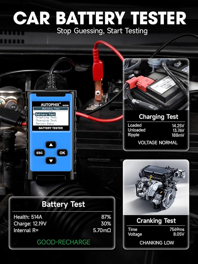 AUTOPHIX BAS100 Car Battery Tester 12V 24V, Accurate Automotive Load Meter Alternator Analyzer 100-2000 CCA Load Tester, Charging & Cold Cranking Test for Cars Truck Motorcycle Boat and More