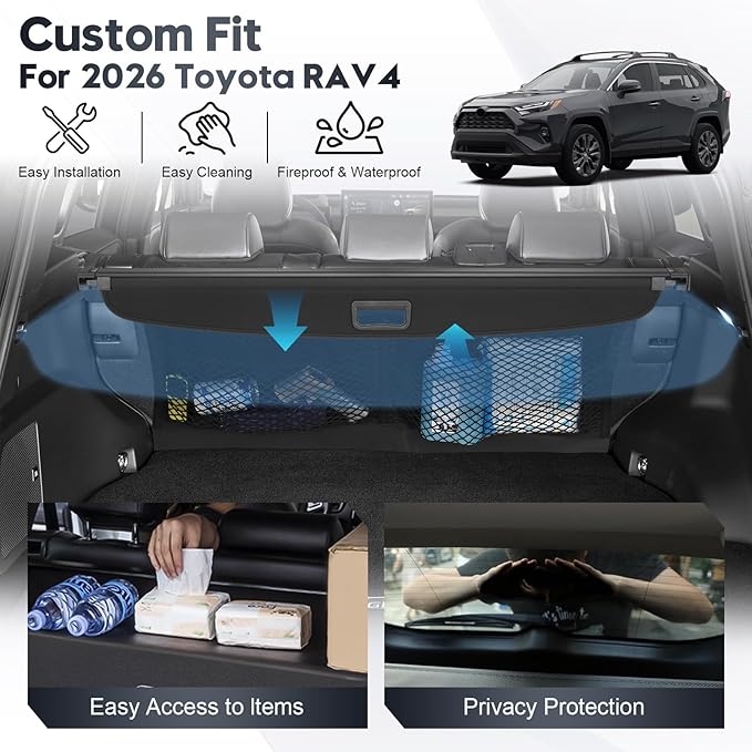 Cargo Cover for Toyota RAV4 2019-2025 2026 with Extra Storage Net,Retractable Trunk Cover for 2026 RAV4 Accessories Security Shield Shade No Gap Design