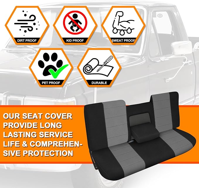 Truck Seat Cover Compatible with 1987-1991 Ford F150 Front Bench with Opening Armrest and Molded Headrest