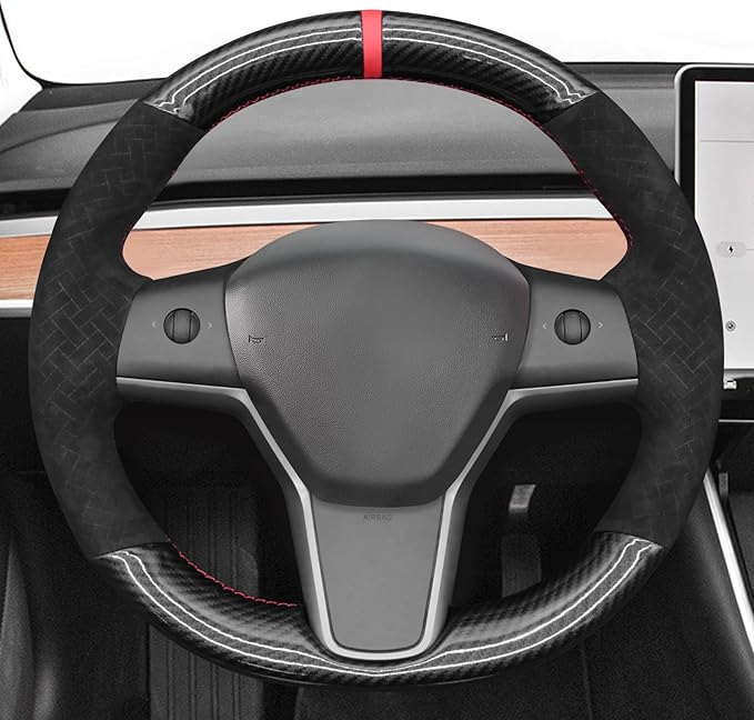 MEWANT DIY Shiny PU Carbon Fiber Woven Embossed Athsuede Steering Wheel Cover for Tesla Model Y 2023 Model 3 2017-2023