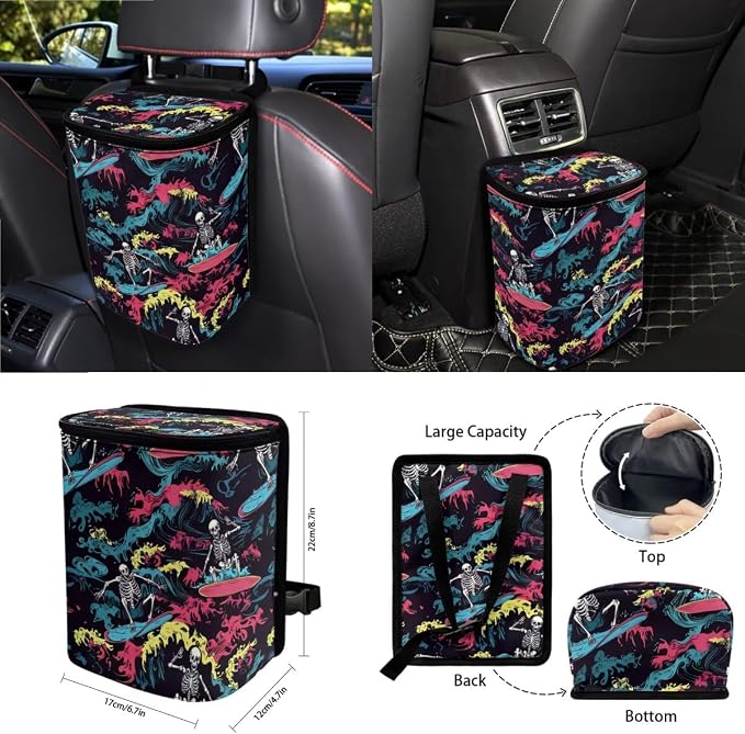 Skull Surfing Print Car Accessories Set Car Seat Covers Steering Wheel Covers Seatbelt Strap Cover Garbage Cans Air Vent Storage Bag Rear View Mirror Cover Cup Holder Key Chain, 15 Pcs
