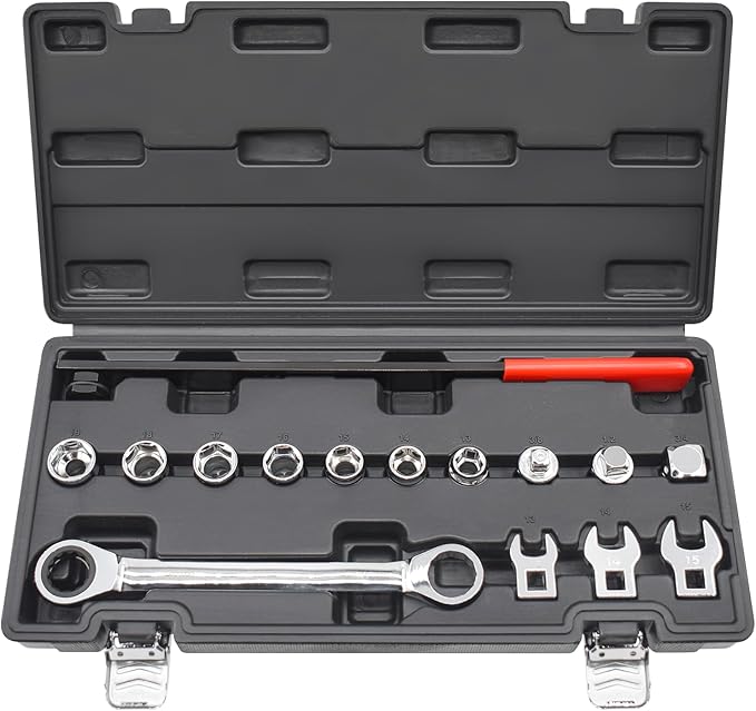 15pcs Universal Ratcheting Serpentine Belt Tool Set, Serpentine Belt Removal Installation Tensioner Kit with Ratcheting Wrench, Crowfoot Wrenches, Socket Adapters, 6-Point Sockets