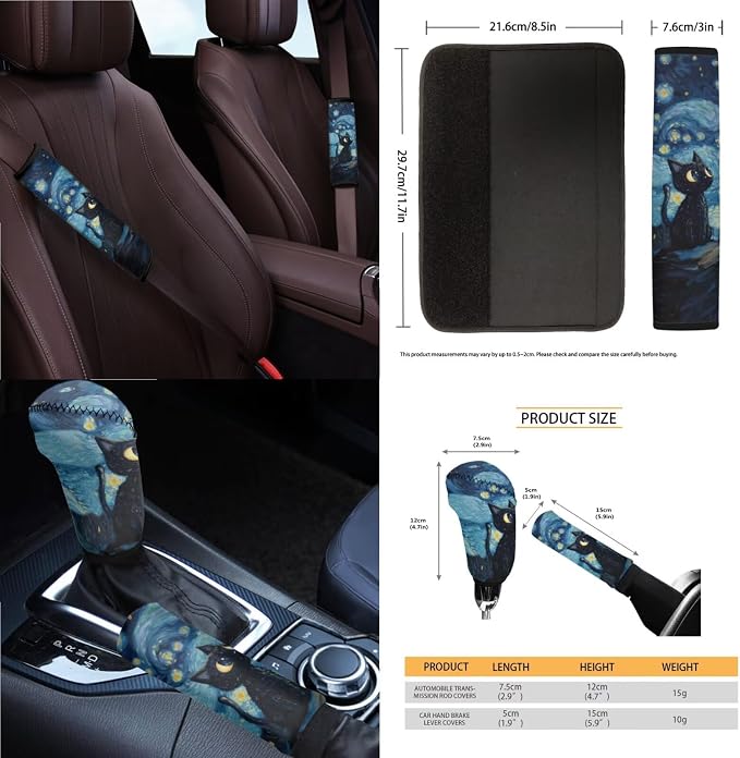 Starry Cat Print Car Seat Covers Front and Back Full Set with Steering Wheel Cover Armrest Cushion Safety Belt Pads Rearview Mirror Cover for Most Cars, Easy to Install