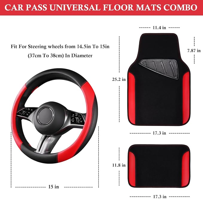 CAR PASS Faux Leather Car Seat Covers Full Sets, Steering Wheel Cover 14.5-15inch and Waterproof Car Floor Mats,Universal Fit SUV Sedan Van Truck, Automotive Car Interior Sets(Black＆Red)