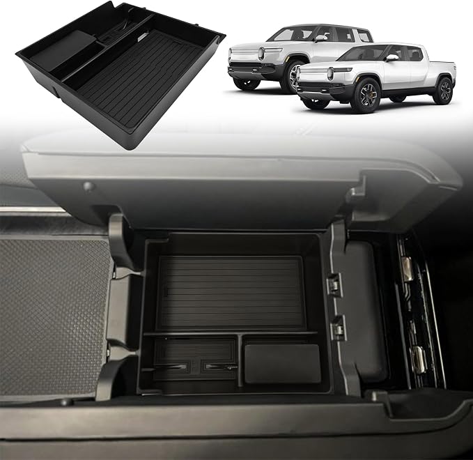 BestEvMod Center Console Organizer Tray Compatible with 2022-2025 2026 Rivian R1T/R1S Removable Coin Holder Armrest Storage Box ABS Material with PVC Trim Accessories (V3 Black)