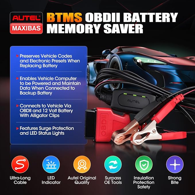2026 Autel MaxiBAS BTMS OBD2 Car Battery Tester Memory Saver, Preserve Vehicle Data Code Electronic Preset, Maintain Data Surge Protection Attaches to 12 Volt Backup Battery, Provide Power to Vehicle