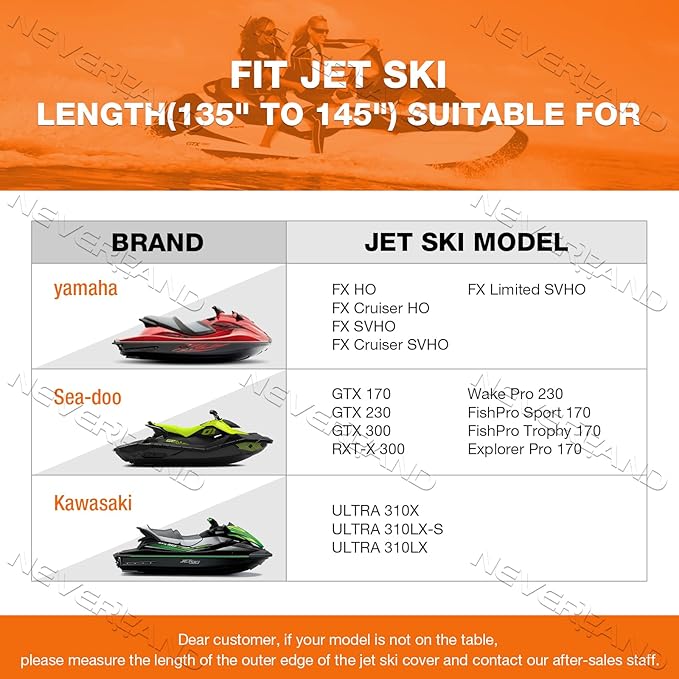 NEVERLAND Jet Ski Cover Suitable for 2 3 Seater Jetski Covers Heavy Duty Waterproof with 2 Air Vent Marine Grade UV Resistant Compatible with Yamaha Sea-Doo Lengths 135'' to 145"
