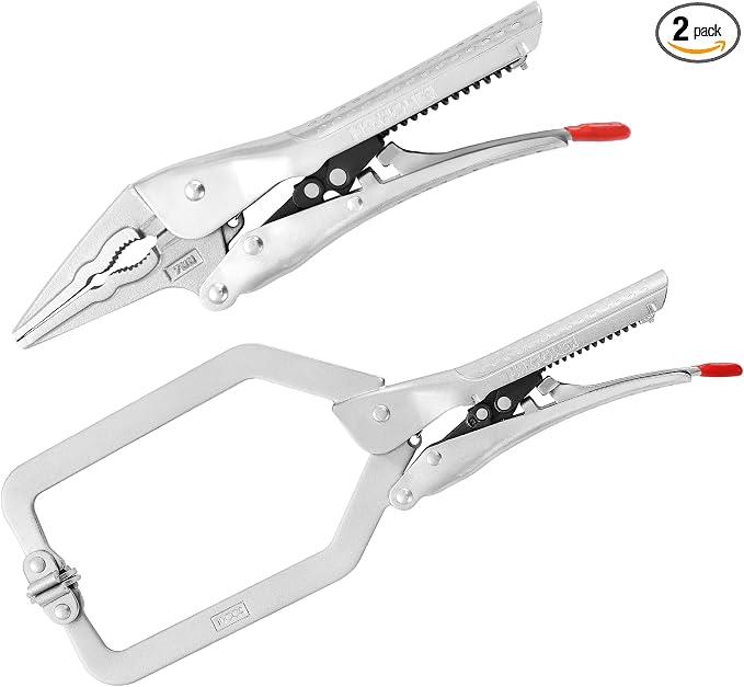 MAXPOWER 2 Pieces Self-adjusting Locking Pliers Clamp Set, 7 inch Long Nose Pliers, 10.5 inch Locking C Clamp