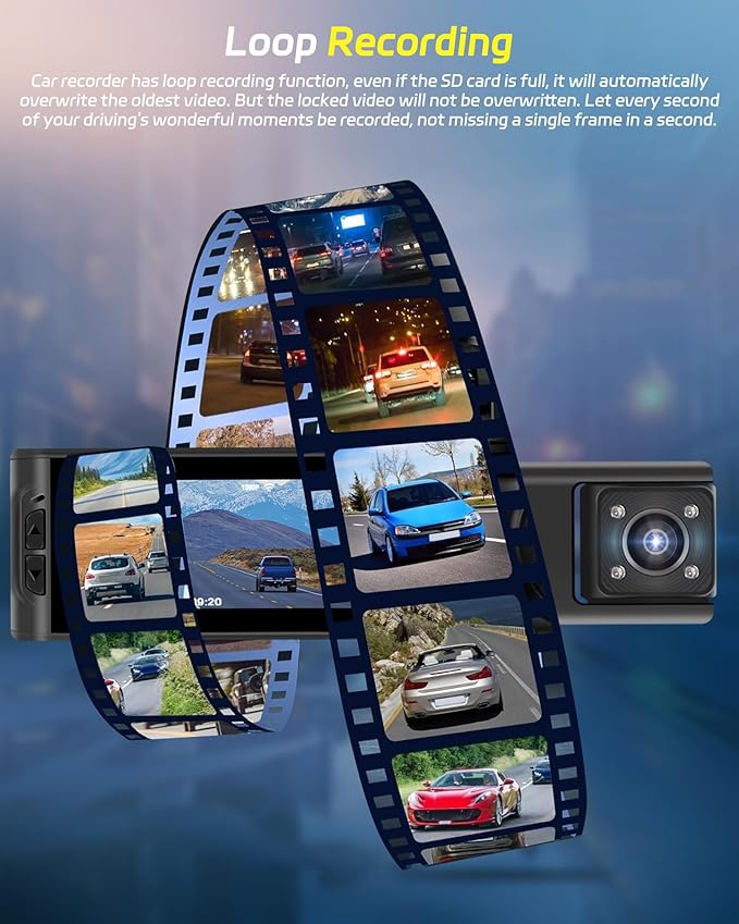 3 Channel Mirror Dash Cam 1080P Front and Rear Inside with 64GB Card 3.16'' IPS Screen Dash Camera Support G-Sensor Motion Detection Loop Recording Parking Assistance Exposure Compensation