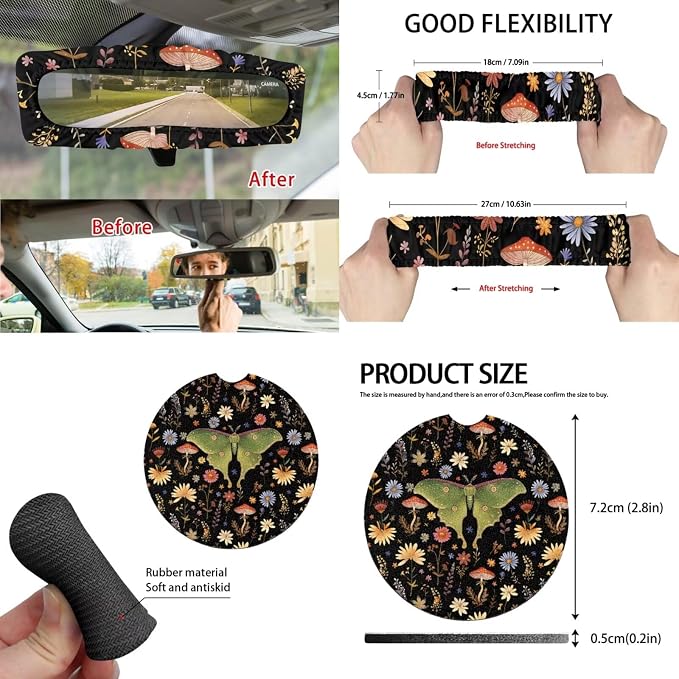15 Pcs Mushroom Dasiy Moth Car Seat Covers Full Set for Women Cute Car Accessories Interior Car Steering Wheel Cover Seatbelt Covers Trash Bin Rear View Mirror Cover Cup Holders Keychain
