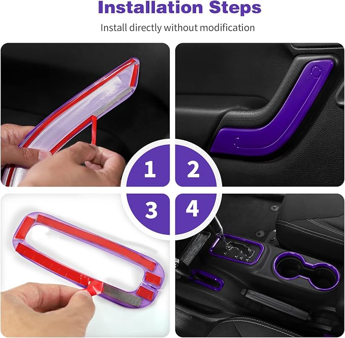 CheroCar 18PCS Interior Trim Kit for Jeep Wrangler JK JKU 2011-2018 4 Door,Steering Button Frame, Air Conditioning Vent Trim Cup Holder Cover,Gear Shift Knobs Frame,Purple…
