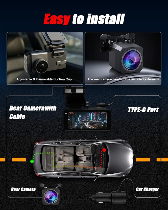 𝟒𝐊+𝟐.𝟓𝐊 Dash Cam Front and Rear, Free Card Included, 5.8GHz WiFi-25MB/s Fast Download, Dash Camera for Cars with WDR,F1.4 Large Aperture Super Night Vision,3.69-inch IPS LCD, 24H Parking Mode