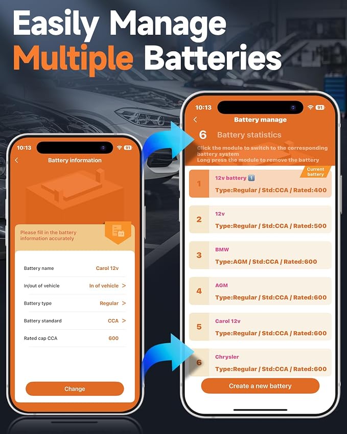 FOXWELL BT60 12V Bluetooth Battery Tester, Car Alternator Tester Compatible with Android/iPhone Battery Load Tester, SOH/SOC/Cranking/Charging System Analysis for Car/RV/Motorcycle/Boat