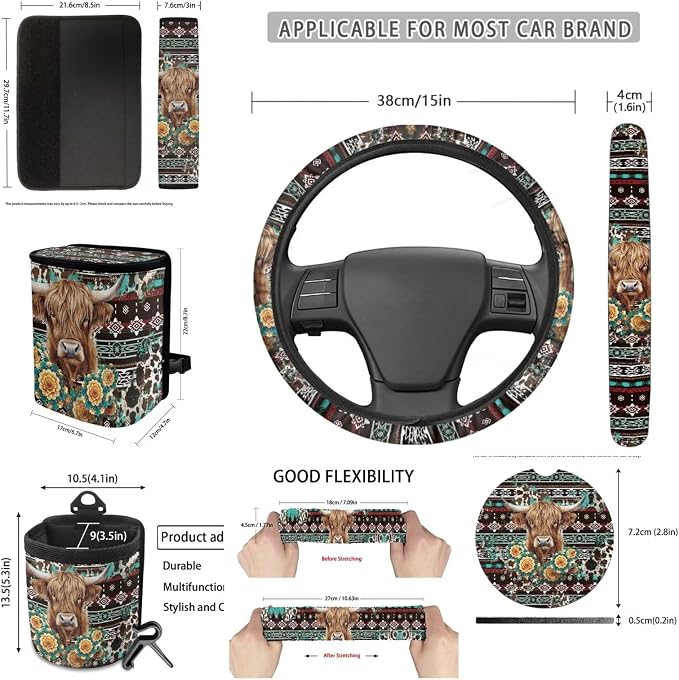 Dreaweet Aztec Highland Cow Car Accessories 15 Pcs Car Seat Covers Full Set with Steering Wheel Cover Seat Belt Pads Trash Can Rear View Mirror Cover Coasters Keychain Air Vent Storage Bag
