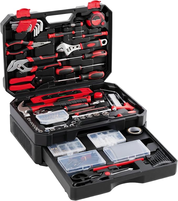 330-Piece Portable Home Repair Tool Kit with Pull-Out Drawer | Compact Homeowners Tool Kit, Durable Tool Box for Homeowner, DIY Projects, Handyman, Black-Red