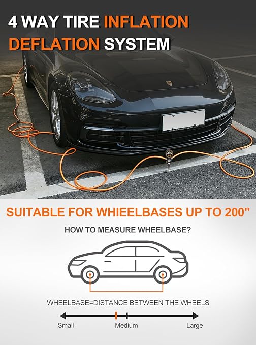 SAFELIFE 4 Tire Inflation/Deflation System, Inflate or Deflate All 4 Tires at Once, Rapid High-Flow Air Up Down Kit w/Inflator Hose & Digital Pressure Gauge for Truck, Car, Trailers & Motorcycles
