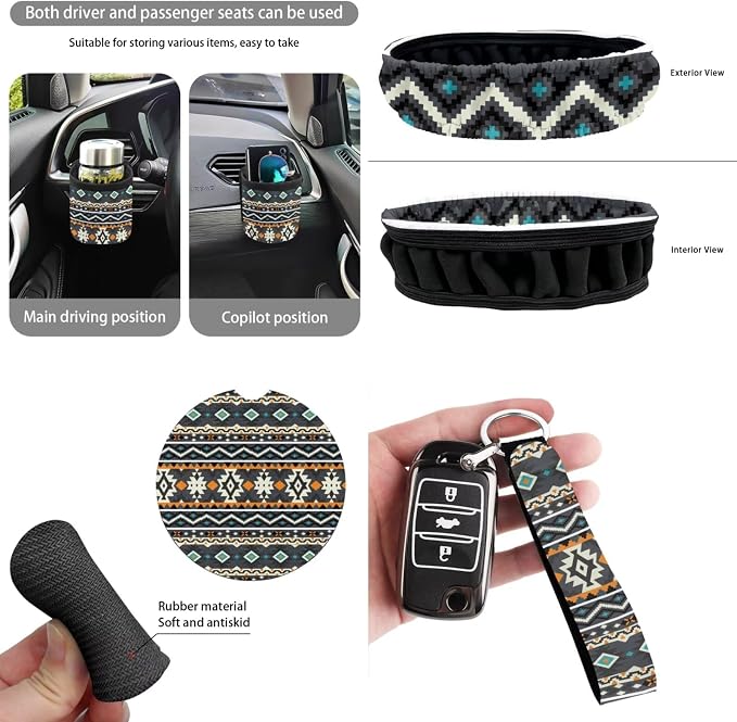 XYZCANDO Ethnic Style Auto Accessories Sets 15 PCS Car Seat Cover Set Steering Wheel Cover Seat Belt Pads Cover Garbage Bag Coasters Keychain Storage Box Car Rear View Mirror Cover for Sedans Van SUV