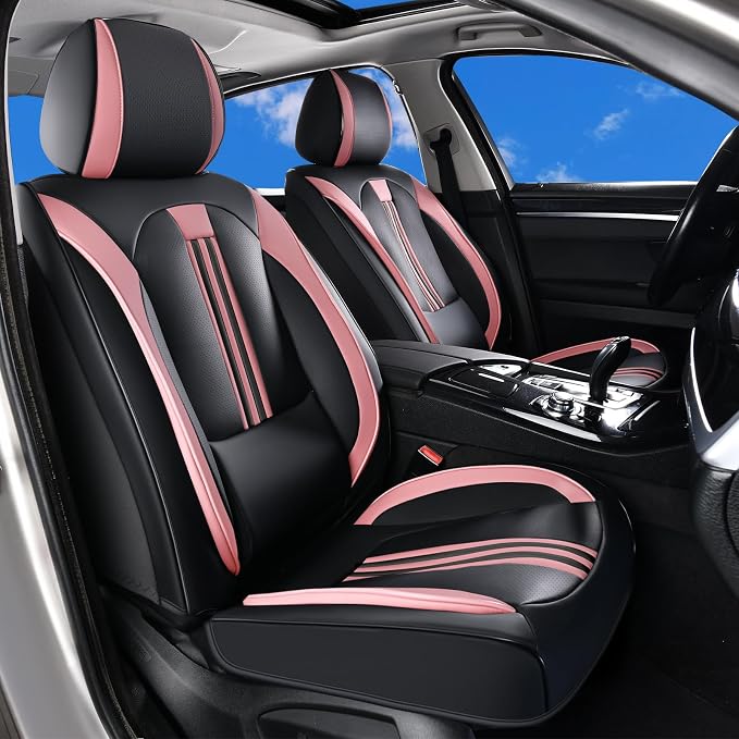 Huidasource Front Seat Cover, Nappa Leather Front Car Seat Covers with Lumbar Support, Ventilation Holes, Elastic Fabric, Airbag, Full-Coverage Seat Cover, Fit for Most Cars SUV Trucks, Black＆ Pink