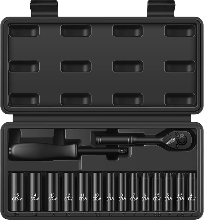 Reniteco 16-Piece 1/4" Drive Socket Set, Metric (4mm-15mm), Deep Sockets, 72-Tooth Ratchet Wrench, Drive Spinner Handle, 6 Point Design, Cr-V