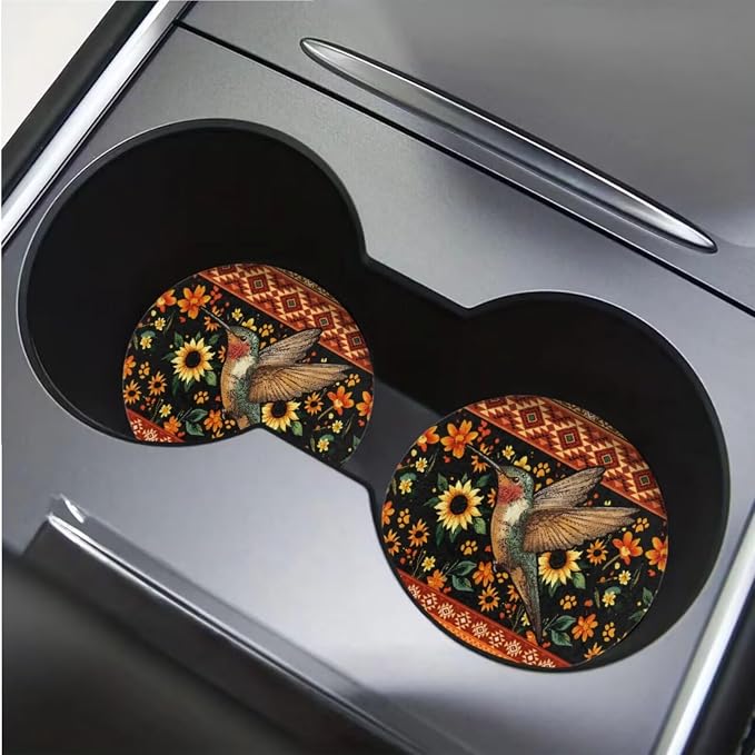 BIGCARJOB 12 Pcs Sunflower Car Seat Covers Full Set for Women Interior Accessories Auto Seat Protector Set Tribal Hummingbird Print Armrest Cushion,Seat Belt Pads,Steering Wheel Covers