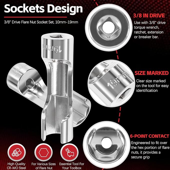 12030 Flare Nut Socket Set, 10pc, 10-19 mm 3/8" Drive Diesel Injector Fuel Line Socket Wrench Set for Fastener on Wired Temperature Sensors, Thermo Switches, ABS Tube, Master Cylinder, Coolant, etc