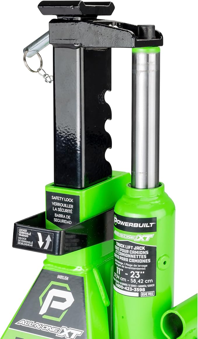 POWERBUILT 3 Ton All-in-One Hydraulic Bottle Jack and Jackstand in One, Compact, Wide Base, 11-21 Inch Range, Eliminates Jackstands, for Trucks, SUVs, RVs, Trailers, ASME, Not for Sedans - 640912