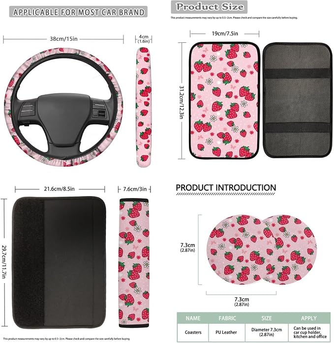 Bulopur Strawberry Pink Car Seat Covers Full Set with Matching Steering Wheel Cover American Flag Car Interior Decor Set for Truck Van Sedan Car Armrest Cover Seat Belt Covers Coasters