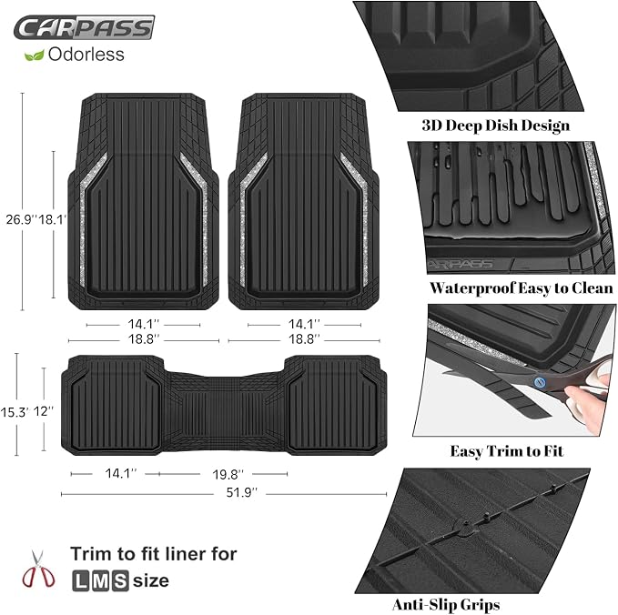CAR PASS Glitter Heavy Duty Rubber Floor Mats for Car, Waterproof Liner Deep Dish Bling Car Mats Full Sets, Universal Trim to Fit for SUV Truck Sedans Vans, All Weather Floor Mats, Silver Sparkly