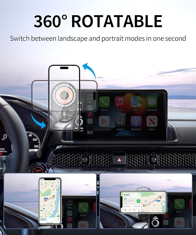 Wireless Charging Car Phone Holder for Honda HRV HR-V/CRV CR-V Hybrid 2023-2026, 7/9" Screen Fixed Clip, 360° Rotation Car Phone Mount Compatible with MagSafe