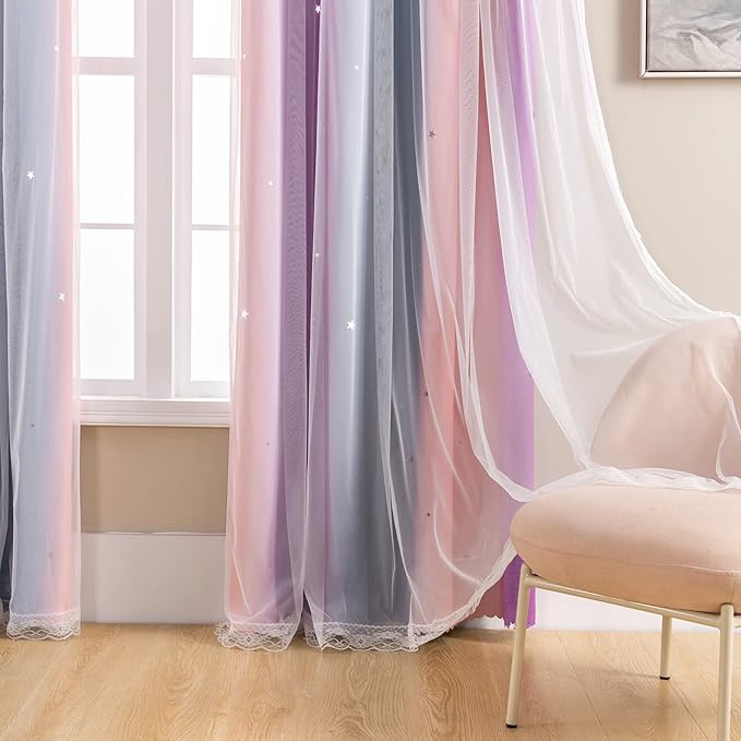 XiDi Blackout Curtains for Girls Bedroom, 63 inches Length 2 Panels Set Kids Room Decro Unicorn Princess Theme Home Decor Grey/Pink/Purple, W34 X L63 2 Panels
