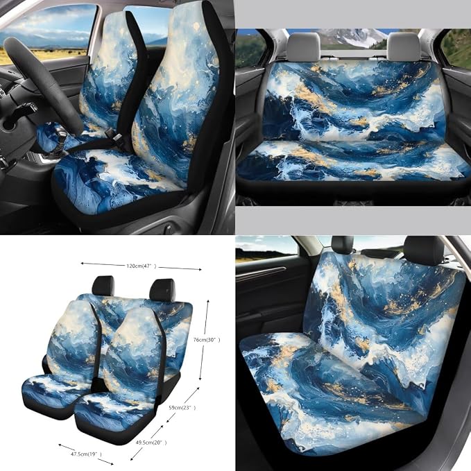 Marble Print Universal Fit Car Seat Cover Set Steering Wheel Covers Seatbelt Strap Pad Trash Cans Air Vent Storage Bag Rearview Mirror Cover Cup Holder Keychain, 15 PCS
