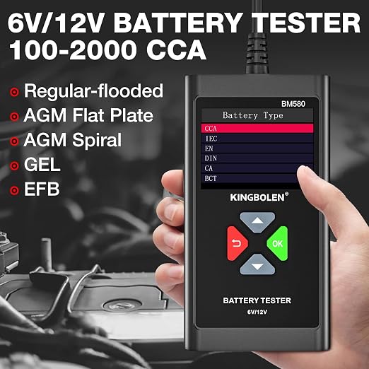 KINGBOLEN BM580 6V 12V Car Battery Tester, 100-2000CCA Voltage Tester, Precision Digital Auto Battery Analyzer, Loading/Charging/Starting System Tester for Cars SUV ATV Boats Motorcycles Vehicle