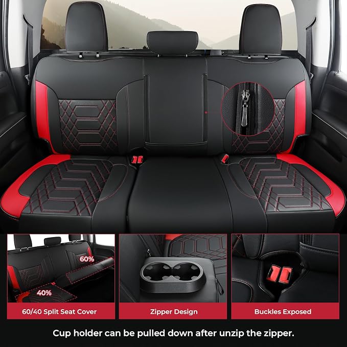 FREESOO for Silverado 2019-2024 2025 2026 Faux Leather Full Set Seat Covers, Fit for Chevy Silverado GMC Sierra 1500 Crew Cab Waterproof Truck Seat Covers BlackRed