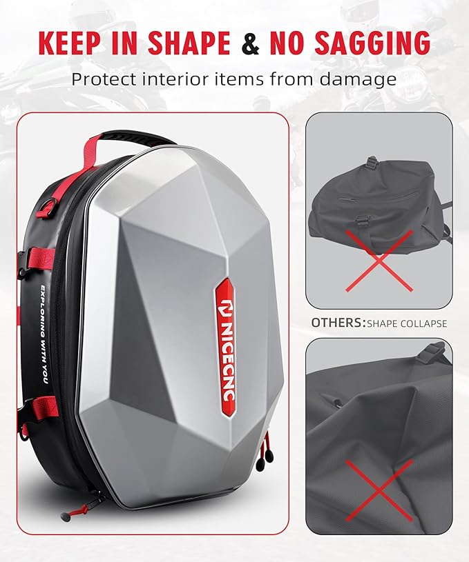 NICECNC Motorcycle ATV Helmet Backpack Hardshell, 38L Large Capacity Motorcycle ATV Rear Seat bag Tail Bag Expandable Helmet Storage Bag Travel Luggage Bag for Riding Camping Hiking, 8 Straps, Red