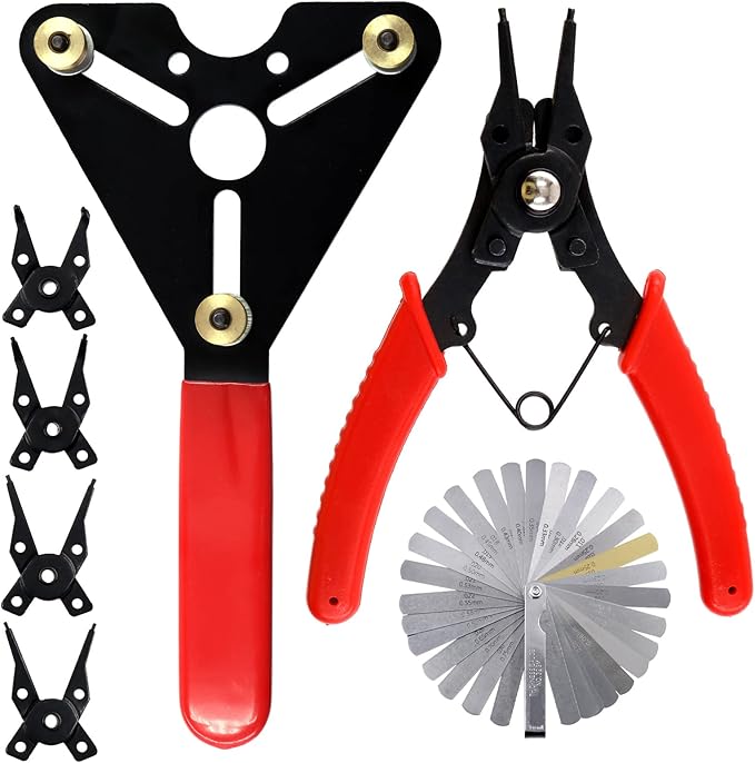 Swpeet 3Pcs AC Clutch Holding Tool Adjustable Clutch Holder and 4 in 1 Snap Ring Pliers with Stainless Steel Feeler Gauge Assortment Kit, Compatible with Domestic and Import AC Compressor