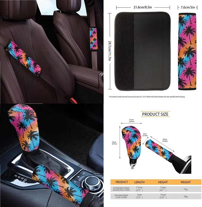 Coconut Tree Print 14Pcs Full Set Car Seat Covers with Accessories, High Back Car Front and Rear Seat Covers with Steering Wheel Cover Center Console Pad and Safety Belt Pads, etc